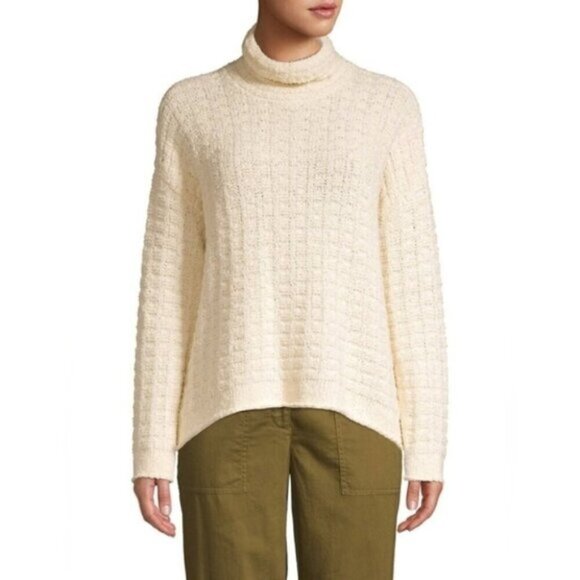 Eileen Fisher Organic Cotton Turtleneck Sweater Waffle Knit Size Cream Pullover - Picture 2 of 16